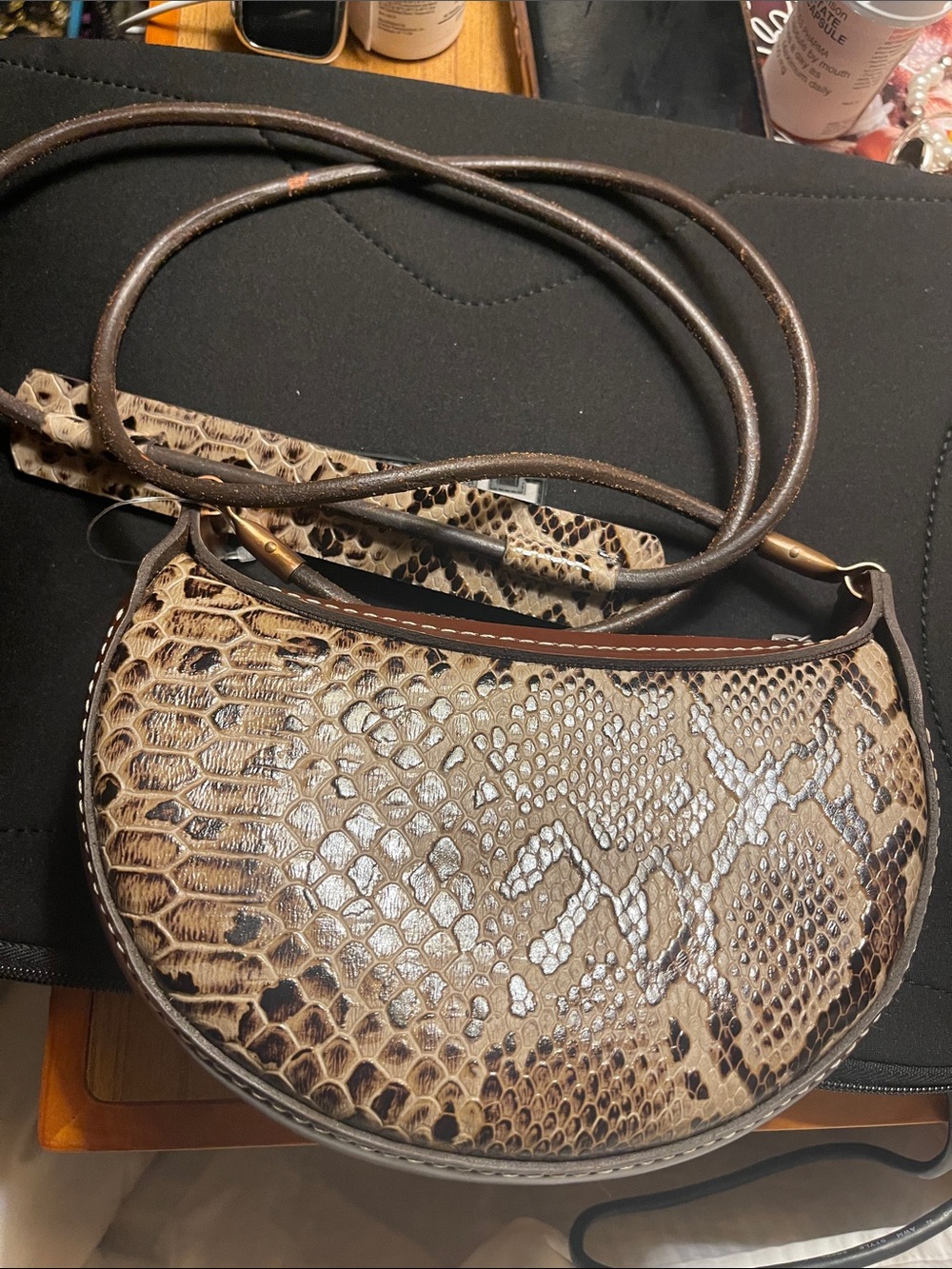 Handmade leather faux Snake-Embossed Crossbody Bag in rich Brown and Cream color